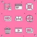 Set Play Video, Movie clapper, spotlight, Hd movie, tape, frame, Cinema chair, Film reel, Popcorn box and icon. Vector Royalty Free Stock Photo