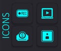 Set Play Video, Record button, Online play video and Cinema ticket icon. Black square button. Vector Royalty Free Stock Photo