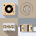 Set of Player for vinyl record, radio, headphones, Retro audio tape cassette. Flat design vector illustration. Royalty Free Stock Photo