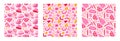 Set of playful utensil seamless patterns with doodle in pinkcolor. Romantic print with colorful pottery, hand-made