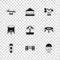Set Playground kids bridge, Jumping trampoline, Hopscotch, Sandbox with sand, Swing plane, Seesaw, and icon. Vector Royalty Free Stock Photo