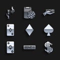Set Playing card with diamonds symbol, Deck of playing cards, Dollar, spades, clubs, Hand holding deck and Casino chips Royalty Free Stock Photo