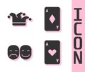 Set Playing card with heart, Joker playing card, Poker player and Playing card with diamonds icon. Vector