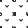 Set Playing cards, Dynamite and timer clock and Thief surrendering hands up on seamless pattern. Vector Royalty Free Stock Photo