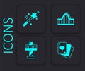 Set Playing cards, Magic wand, Roller coaster and Attraction carousel icon. Black square button. Vector Royalty Free Stock Photo