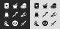 Set Playing cards, Mortar and pestle, Ticket, Hand holding fire, Skull, Dagger, Witch cauldron and Magic staff icon