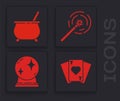 Set Playing cards, Witch cauldron, Magic wand and Magic ball icon. Vector