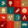 Set Playing cards, Witch, Spider web, Neptune Trident, Magic wand, ball, fog or smoke and Hand saw icon. Vector