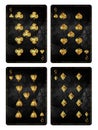 Set of playing grunge, vintage cards. Nine of Clubs, Diamond, Spades, and Hearts, isolated on white background. Playing cards.