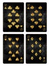 Set of playing grunge, vintage cards. Ten of Clubs, Diamond, Spades, and Hearts, isolated on white background. Playing cards.