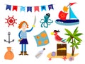 Set for playing pirate. Pirate girl, treasure chest and bag of money, parrot and palm, map, octopus and ship.