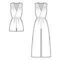 Set of playsuits rompers overall jumpsuit technical fashion illustration with full mini length, pockets, single pleat.