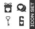 Set Please do not disturb with heart, Gift box with heart, Key in heart shape and Heart in speech bubble icon. Vector Royalty Free Stock Photo