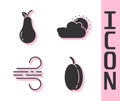 Set Plum fruit, Pear, Wind and Sun and cloud weather icon. Vector