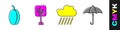 Set Plum fruit, Tree, Cloud with rain and Umbrella icon. Vector