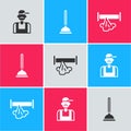 Set Plumber, Rubber plunger and Broken pipe icon. Vector Royalty Free Stock Photo