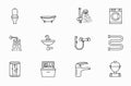 Set of plumbing icons. Plumber faucet water piping bathtub, valve tap, sewer washbasin restroom shower stall, sink, bath