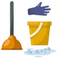 Set of plumbing items. Yellow bucket, glove, puddle of water with bubble