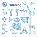 Set of plumbing line icons in blue Royalty Free Stock Photo