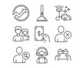 Plunger, Delete user and Vacuum cleaner icons. Receive money, Audit and Support signs.