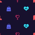 Set 18 plus content heart, Shopping bag with triple X, Female gender and and Condoms safe sex on seamless pattern