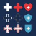 Set of plus or medical cross icons, heart with cross, shields with cross. Flat pharmacy design