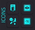 Set Plus 16 movie, Fire exit, Rating and Thriller icon. Black square button. Vector