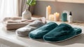 A set of plush velvety slippers perfect for lounging in after a day of pampering