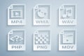 Set PNG file document, WAV, PHP, MOV, WMA and MP4 icon. Vector Royalty Free Stock Photo