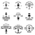 Set of podcast, radio emblems with microphone. Design element for logo, label, sign, badge, poster Royalty Free Stock Photo