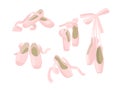 Set Of Pointe Ballet Shoes, Pink Slippers With Ribbons Isolated On White Background. Ballerina Footgear For Dancing