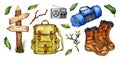 Set pointer backpack boots camping watercolor