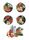 Set of poke bowls. Healthy food from natural products. Vector cartoon flat illustration.