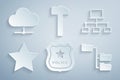 Set Police badge, Computer network, Star, Folder tree, Hammer and Network cloud connection icon. Vector Royalty Free Stock Photo