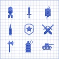 Set Police badge, Hand grenade, Military tank, Crossed medieval sword, Medieval axe, Bullet, dynamite stick timer clock