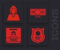 Set Police badge, Judge, Stacks paper money cash and Wanted poster icon. Vector