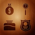 Set Police badge, Money bag, Inkwell and Magnifying glass with search on wooden background. Vector