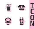 Set Police body camera, Hand smoke grenade, Doctor pathologist and cap with cockade icon. Vector