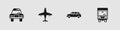 Set Police car and flasher, Plane, Hatchback and Delivery cargo truck icon. Vector