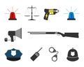 Set of police elements equipment icons. Protect and Serve label.
