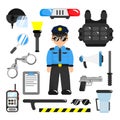 Set of police equipment in cartoon style. Vector illustration police officer, pistol, baton, body armor, helmet, flashlight,