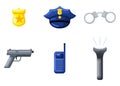 Set police in flat style on white background. Detective elements walkie-talkie, handcuffs, badge, cap, flashlight, pistol