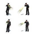 Set of Police officer checks with flashlight - different views on white background Royalty Free Stock Photo