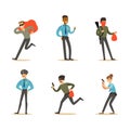 Set of Police Officers and Robbers, Criminals Running away from Policeman Vector Illustration