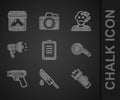 Set Police report, Bloody knife, electric shocker, Whistle, megaphone, Murder and Evidence bag with gun icon. Vector Royalty Free Stock Photo
