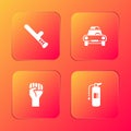 Set Police rubber baton, car and flasher, Raised hand with clenched fist and Fire extinguisher icon. Vector Royalty Free Stock Photo