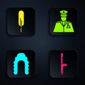 Set Police rubber baton, Feather pen, Judge wig and Police officer. Black square button. Vector