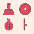 Set Police rubber baton, Police officer, Clock and Money bag icon. Vector