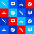 Set Police rubber baton, Protest, car and flasher and Check mark in round icon. Vector