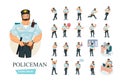 Set of policeman cartoon character working in law enforcement.